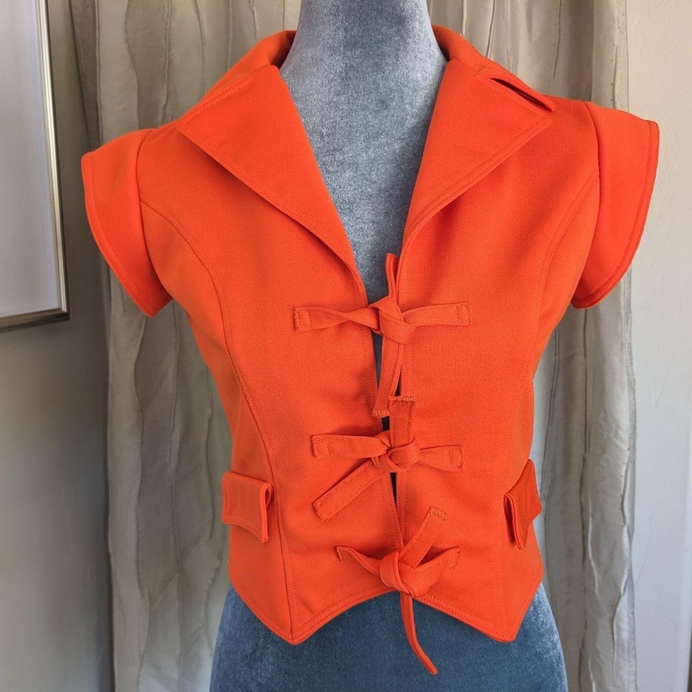 Vintage 70s Mod Cropped Top Vest XS/S Orange Tie Front Waistcoat Space Age - Picture 7 of 14